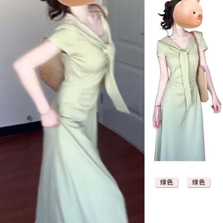French Style Pleated Solid Color Dress Children's Summer New Short-sleeved Design Feeling Waist Temperament Showing Thin Long Skirt
