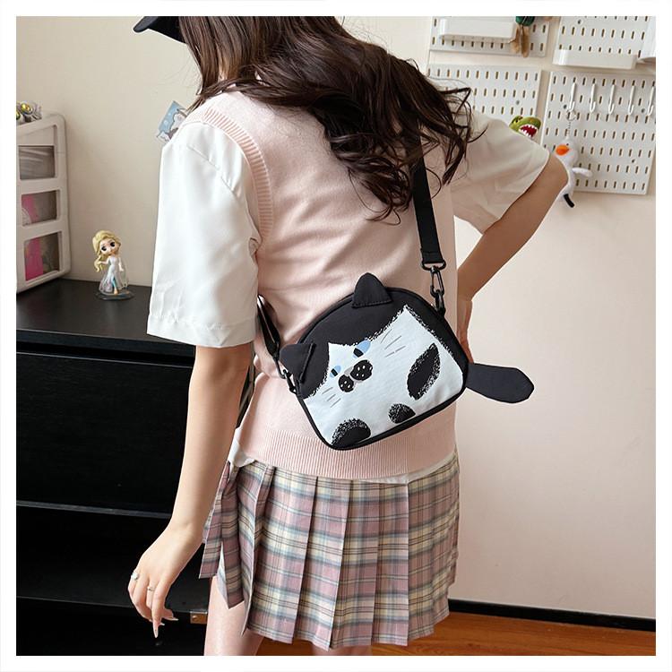 Cute Cat Mini Shoulder Bag With Cotton Material And Zipper Closure For Daily Use