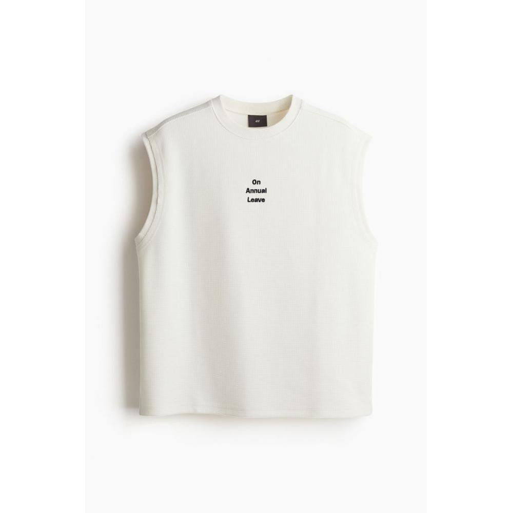 H M Loose Fit Waffle Texture Sleeveless Top creaM On Annual Leave