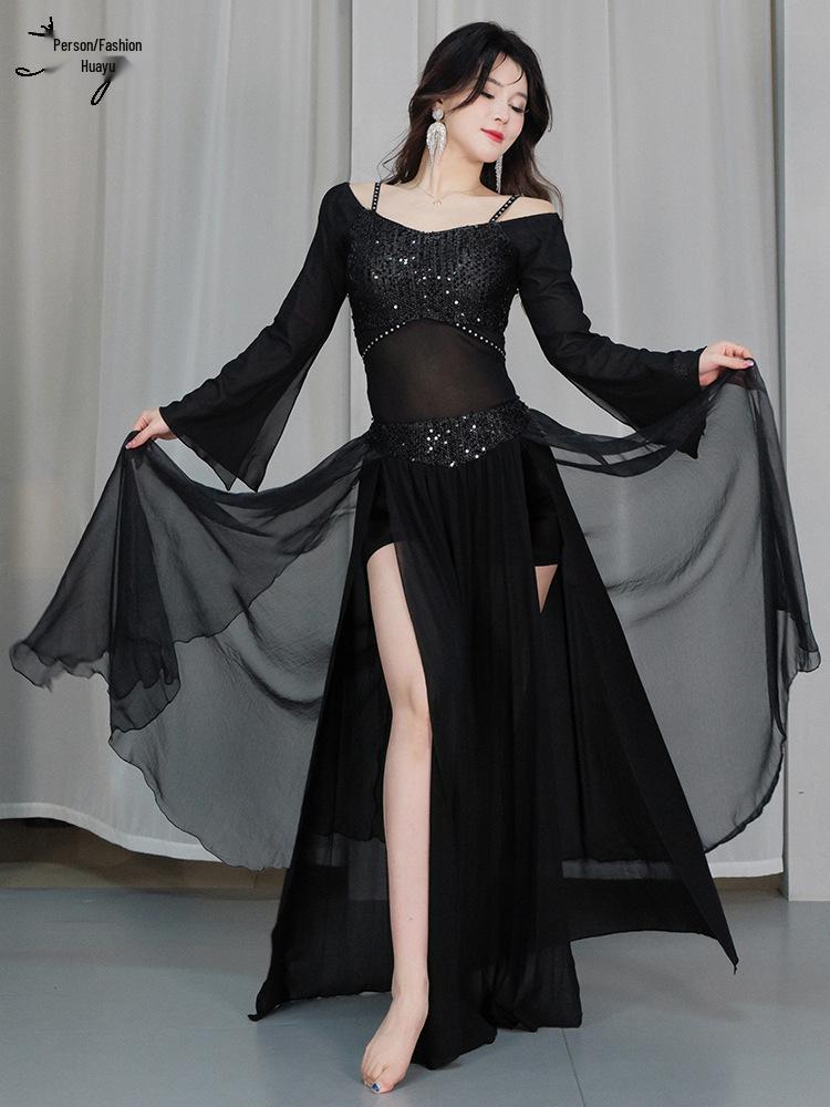 Huayu 2025 Sequined Belly Dance Dress Set - Mesh Long Dress for Practice & Performance