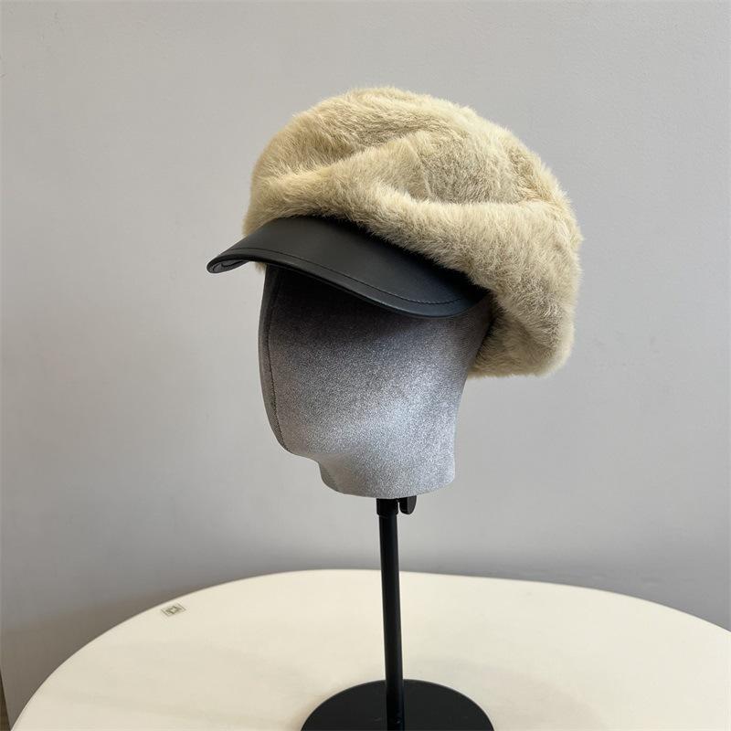 Imitation Mink Leather Brim Newsboy Hat Women's Autumn and Winter New Literary and Retro Fashion Duck Tongue Painter Hat