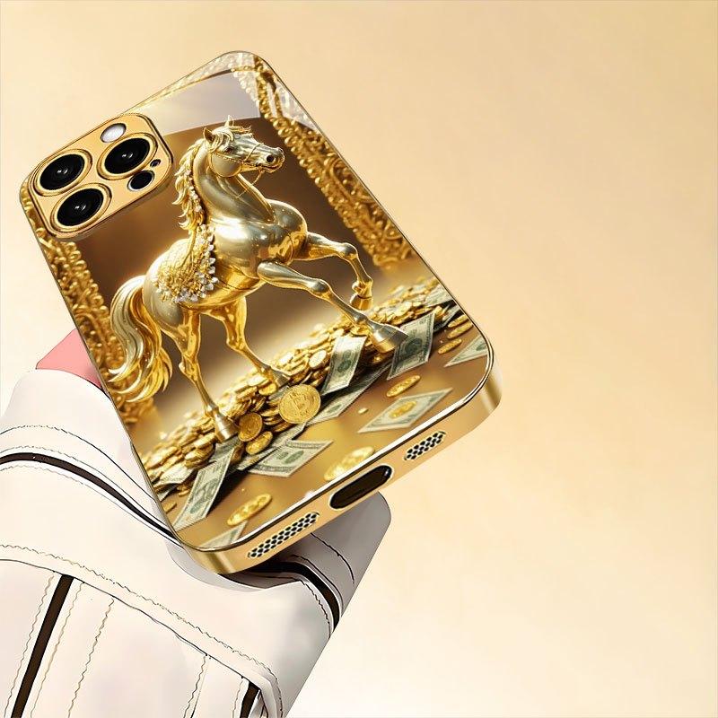 Golden Horse luxury High-end Phone Case Electroplated Glass PhoneCase for iPhone 17 16 15 14 13 12 11pm Pro Plus Dropresistant