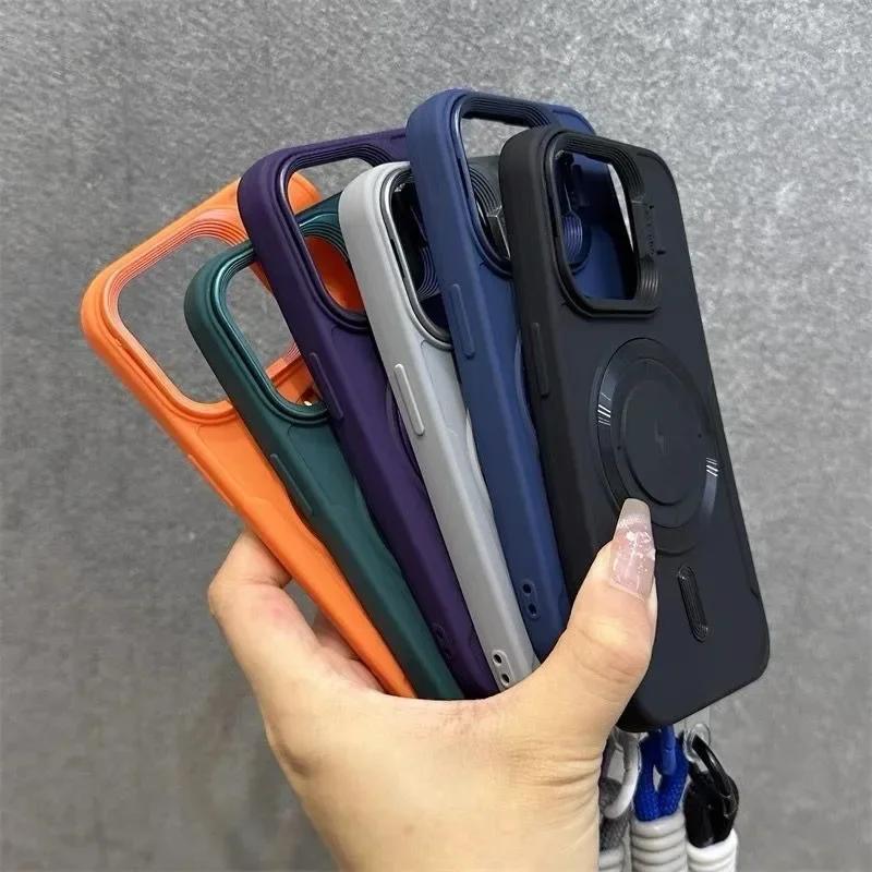 Flip Up Lens Holder Magnetic Case for For Iphone 16 1 14 13 12 11 Pro Max 17 Plus Nylon Wristband Lanyard Soft Cover