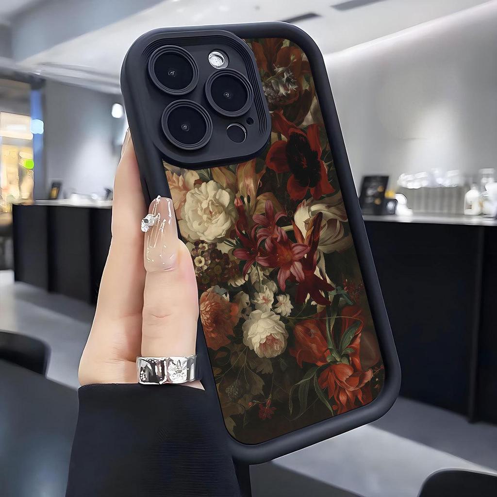 Black Grooved Floral Case for iPhone 14/15/16/17 Pro Max with 100 Flowers Protection