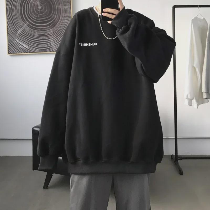 Men's Black Velvet Sweatshirt - Trendy, Loose-Fit, Round Neck for Spring/Autumn