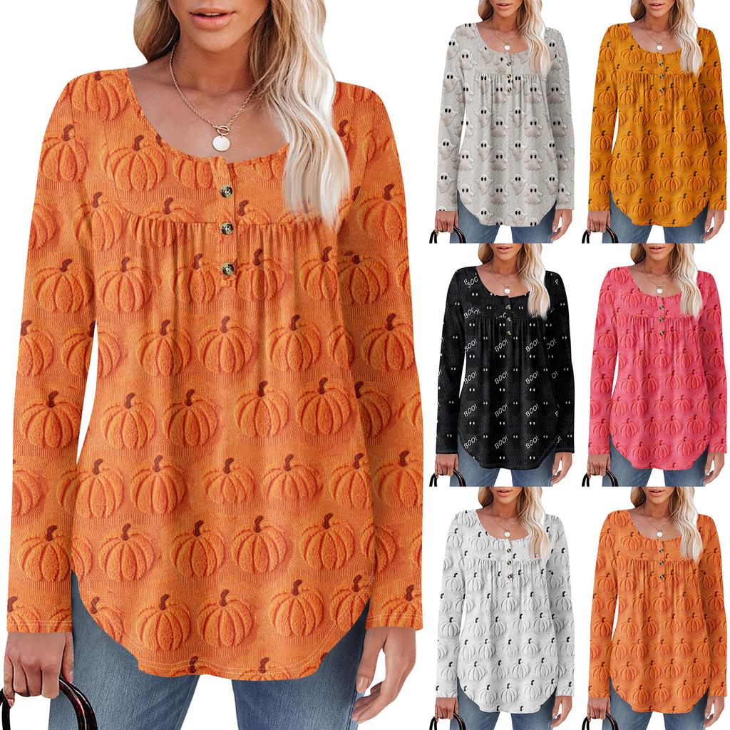 Dame Langermet Tunika Løse Topper Casual Oversized Topper Plissert Tunika Knapper Ned Casual Dame Print Topper