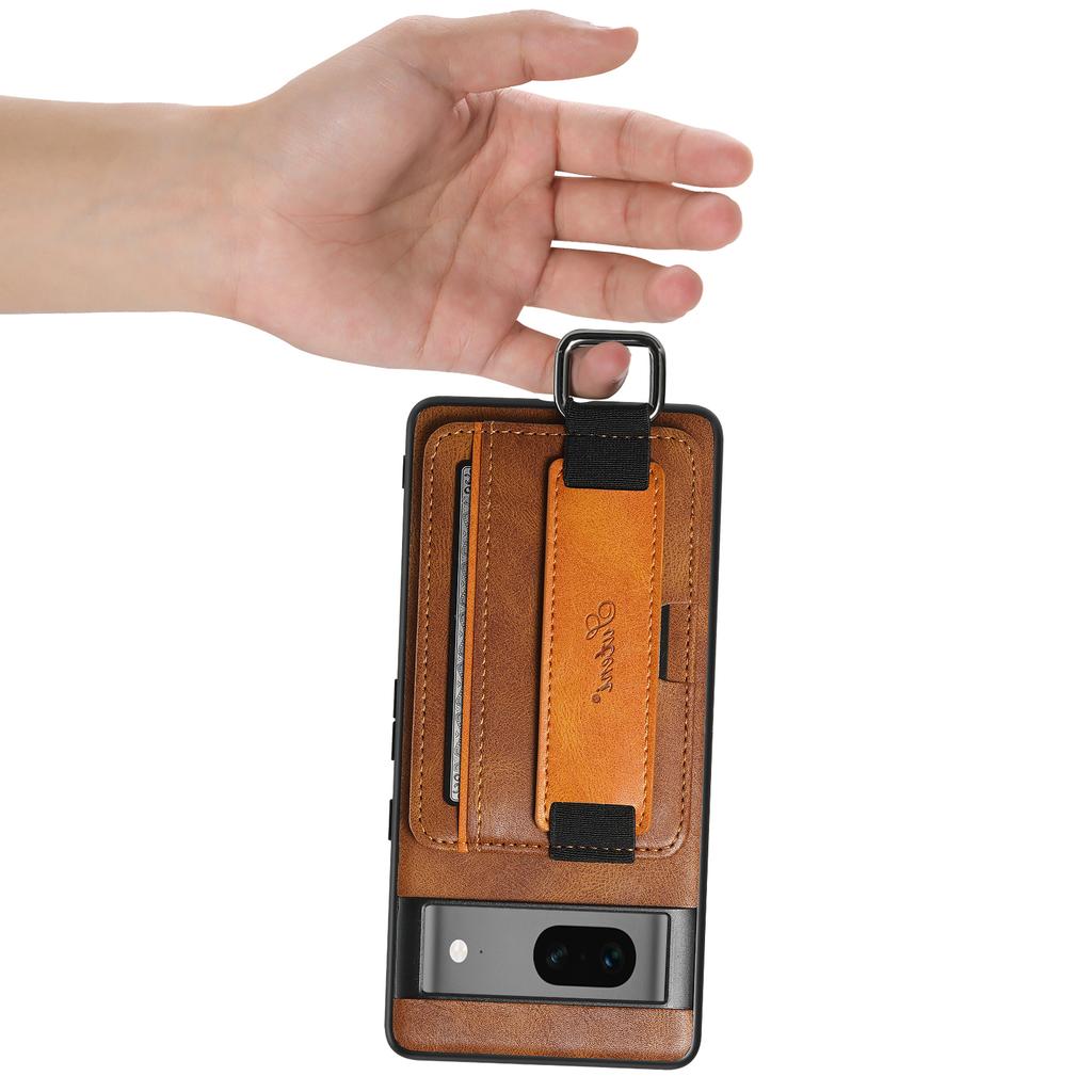 SUTENI H13 Leather Coated PC+TPU Case for Google Pixel 7a,Kickstand Card Holder Phone Back Cover with Hand Strap
