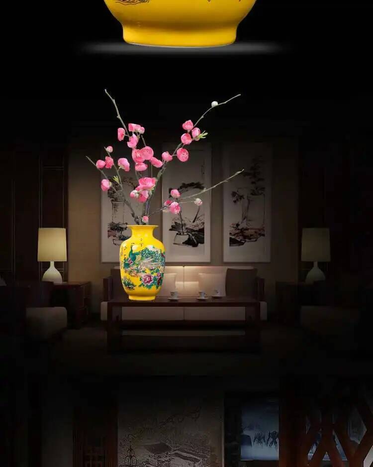 Jingdezhen Keramik Gelbe Pfau Blume Vase Neu Chinesisch Heim Desktop Arrangement Wohnzimmer Dekoration Arrangement
