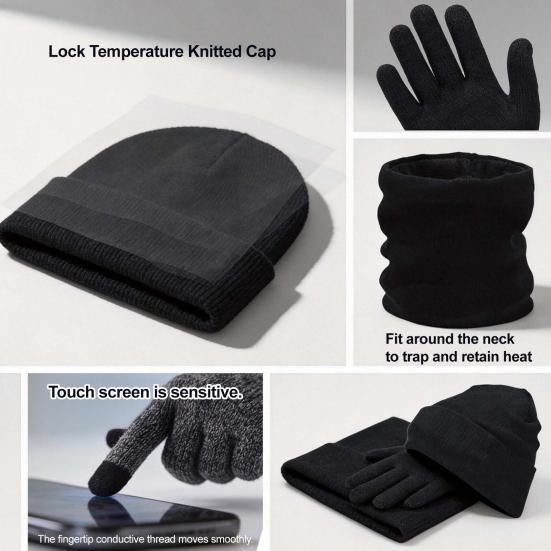 Outdoor Winter Gear for Cycling Travel Hat Scarf Gloves Set Adults, Cozy Knitted Hat, Warm Unisex Large Heads Neck Warmer Men Women Cold Weather