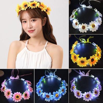Couronne de Fleurs Halloween pour Femmes Filles Décoration de Fête de Noël Couronne LED Lumineuse Bandeau Lumineux