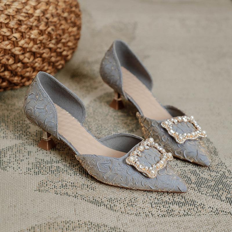 New women's shoes pointed high heels single shoes thin heels fashion bag head hollow sandals women's middle heel