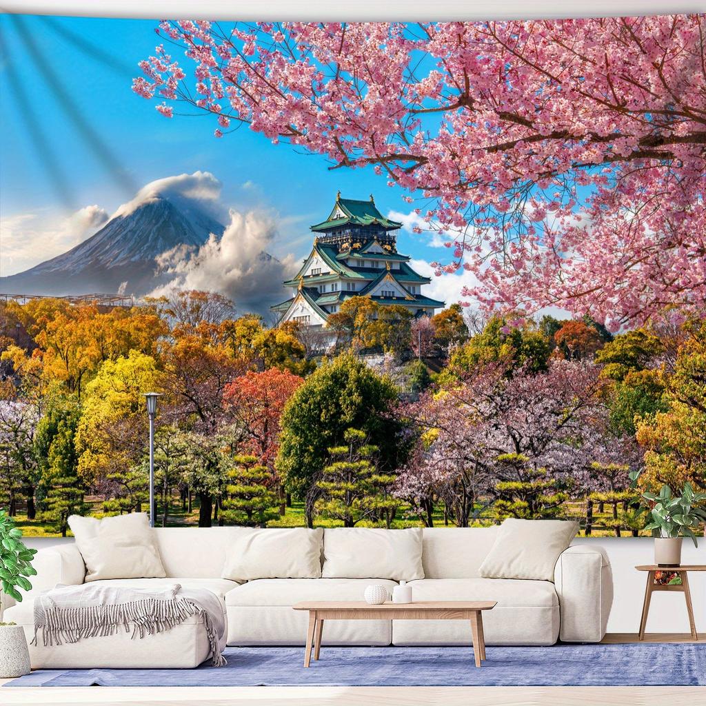 Osaka Castle Cherry Blossom Tapestry, Mt Fuji Landscape Wall Hanging, Japanese Scenery Home Decor For Bedroom Living Room