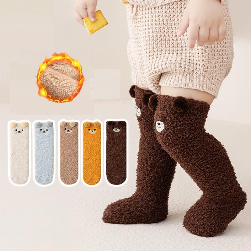 Cartoon Plush Baby Boys Girls Socks Cute Bear Thigh High Socks for Infant Winter Thicken Warm Coral Fleece Kids Stockings