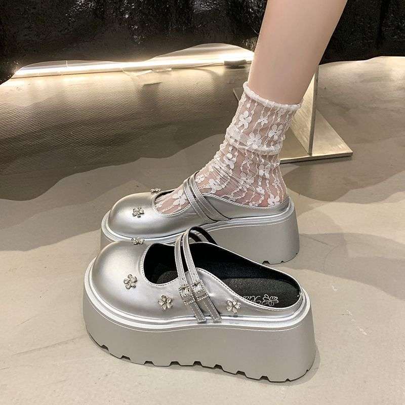 Thick-soled Heightening Mary Jane Shoes Women's Shoes 2025 New Small Double Straps Rhinestone Patent Leather Heightening Half Slippers Women