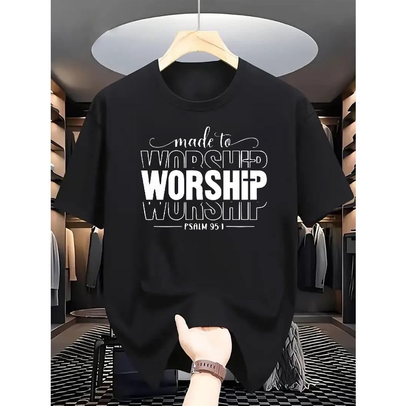 

European sizes Pattern T-Shirt, WORSHIP Letter Print Design Casual Crew Neck, Regular Fit for Teens - Summer Short Sleeve Top S чёрный