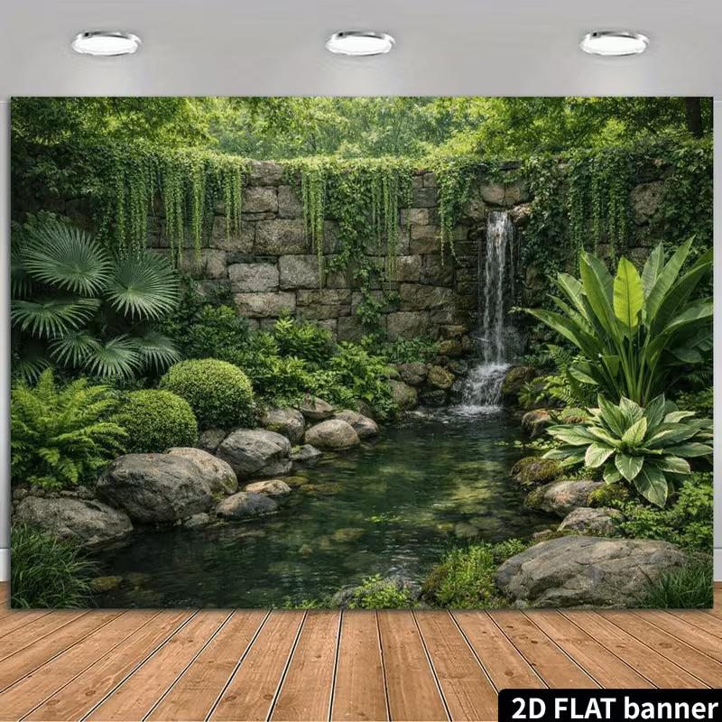 2D Serene Jungle Pond Waterfall with Mossy Rocks Backdrop Photo Background