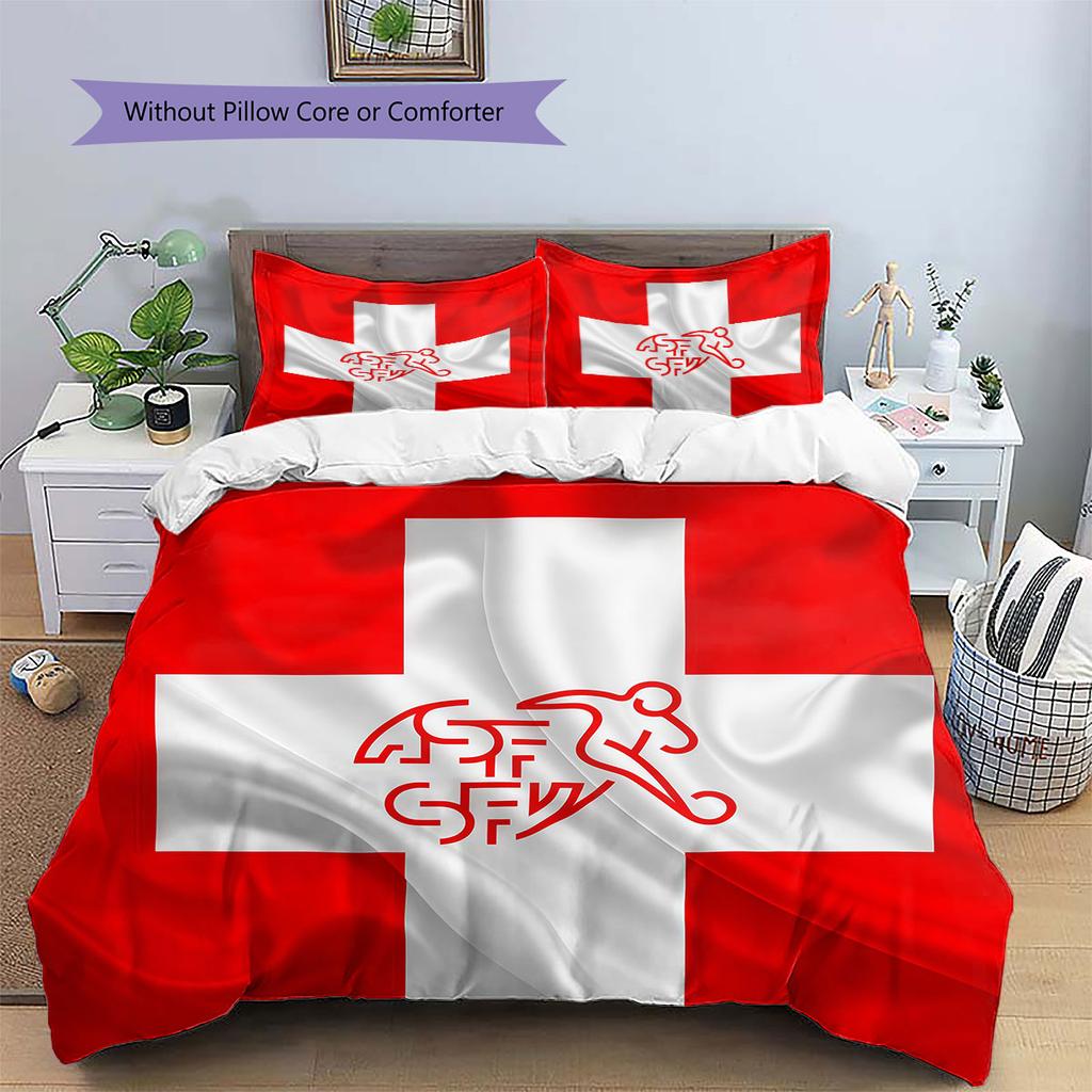 Schweiz Fußball Nationalmuster Bettwäsche Heimdekoration Geburtstagsgeschenk (1 Bettbezug + 2 Kissenbezüge, ohne Füllung),Fanartikel.