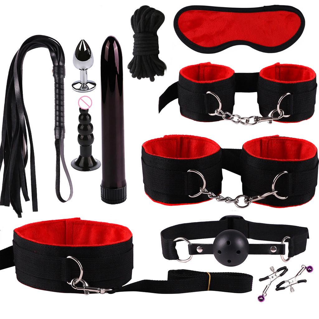 Plugs Anal Vibrator Handcuffs Mask Vibration Nipple Clamps SM  Toys Set 11PCS