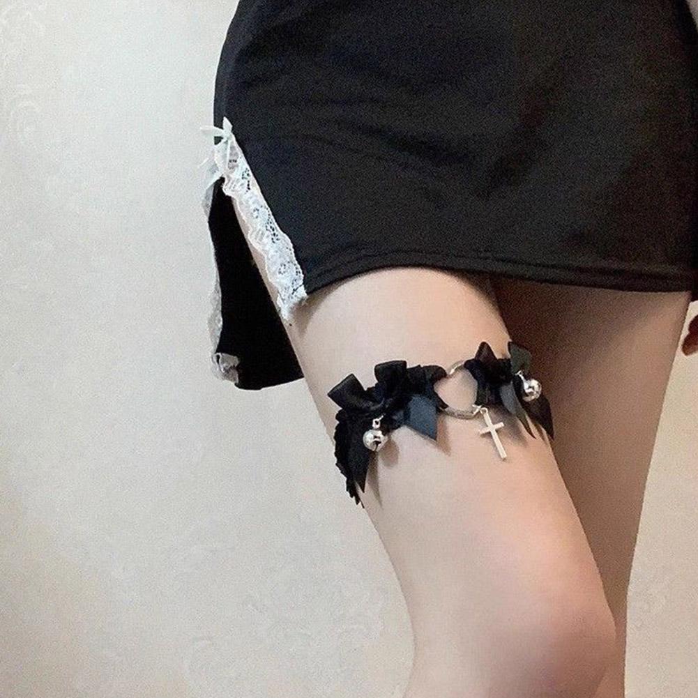 Gothic Lace Bells Garter Belt Heart Bowknot Cross Lolita Rings Leg Garters Cosplay Collar Sexy E5B1