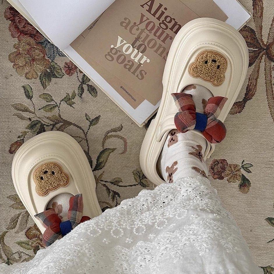 Non-slip Bow Outer Wear Cute Hole Shoes 2025 Summer New Fashion Platform Shoes Beach Bag Head Slippers Women