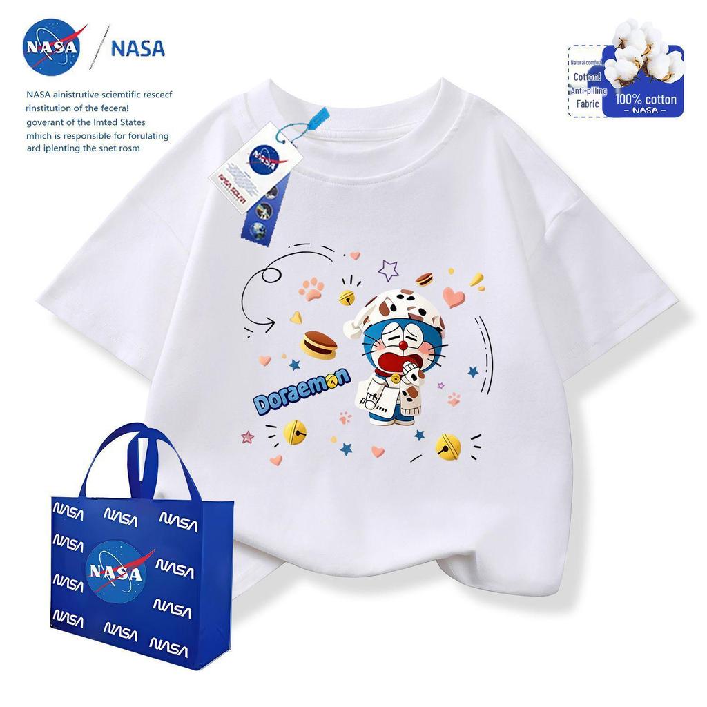 NASA x Doraemon Kinder-Baumwoll-T-Shirt mit Rundhalsausschnitt und Stickerei, Kurzarm