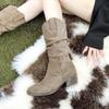 Gentle and Fashionable Round Head Thick Heel Suede Stacking Boots 2025 Autumn New Thin Temperament Medium Boots