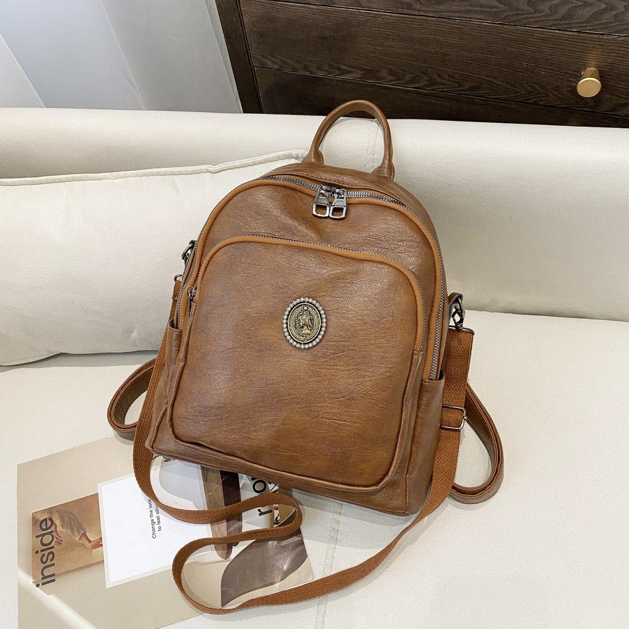 

Мягкий кожаный рюкзак для женщин, модный и стильный школьный рюкзак большой вместимости темно-коричневого