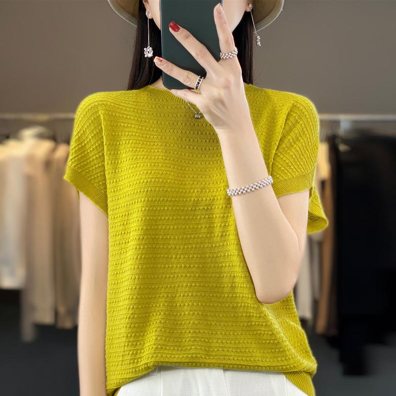 

Crew Neck Bottoming Shirt Women s Summer First-line Ready-to-wear Hollow Bat Sleeve Knitted Sweater Versatile Short Sleeve M