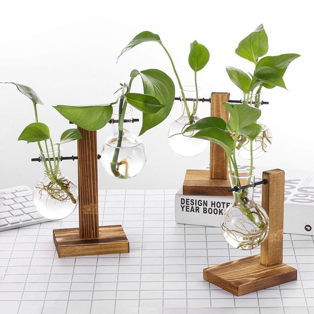 Hydroponic Plant Vases Glass Vase Vintage Bonsai Flower Pot Terrarium Tabletop Tray Wooden Frame Home Decor