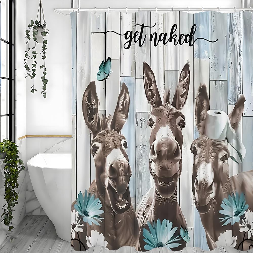 Funny Donkey Floral Shower Curtain, Bathroom Decorative Shower Curtain, Waterproof Shower Curtain with Hooks