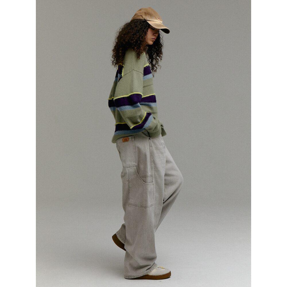 Saendeusaundeu (Unisex) Wool Blend Striped Pullover Sweater Apple Green
