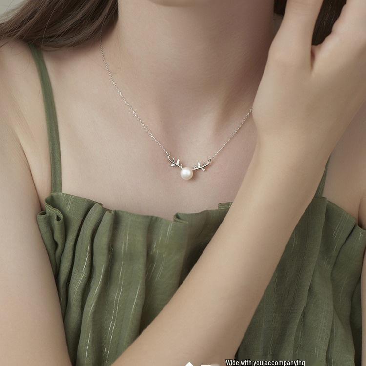 One Deer Has You Sterling Silver Necklace with Freshwater Pearl and Elk Antlers Design
