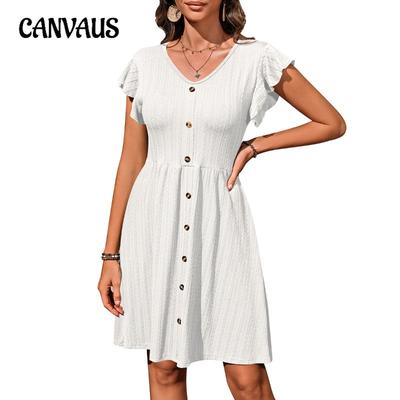 Ladies Summer New V-neck Button Waist Stretch Short Sleeve Dresses