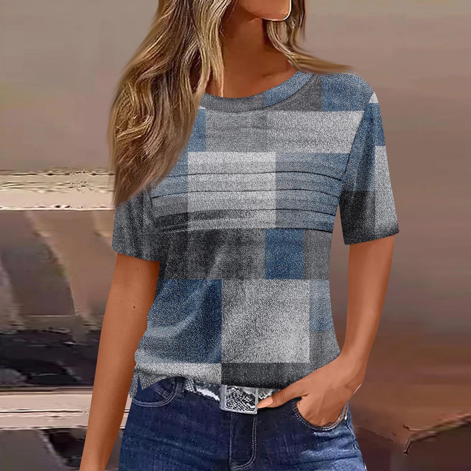 

Футболки для женщин, плиссированные, с круглым вырезом, нарядные, повседневные, блузки с принтом, с коротким рукавом, летние топы, свободный крой M синий