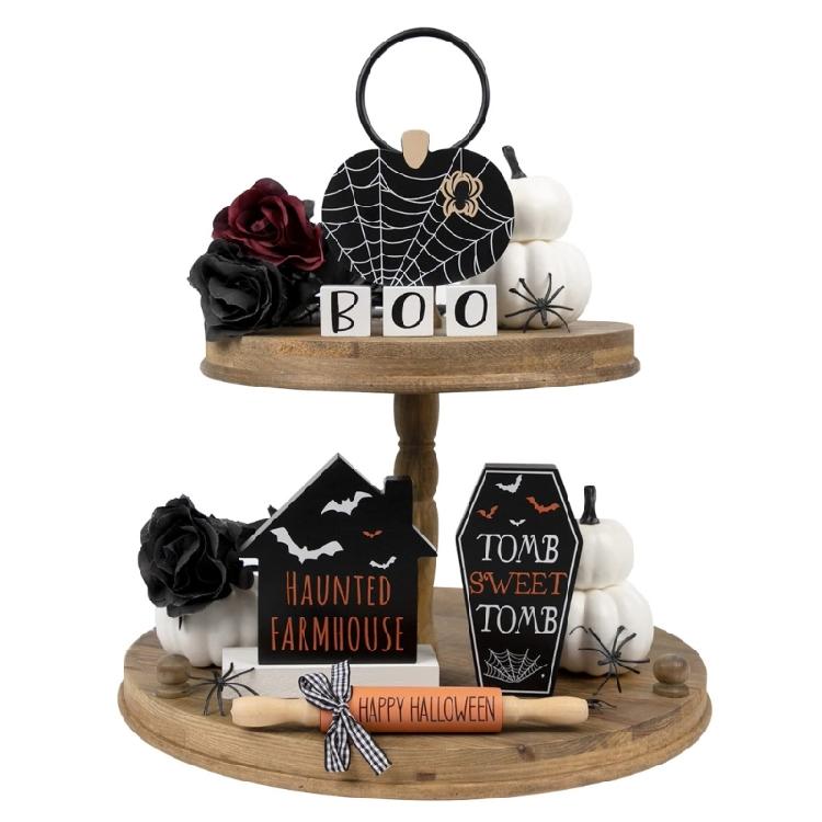 Halloween Tiered Tray Decor Wood Sign Holiday Party Decoration