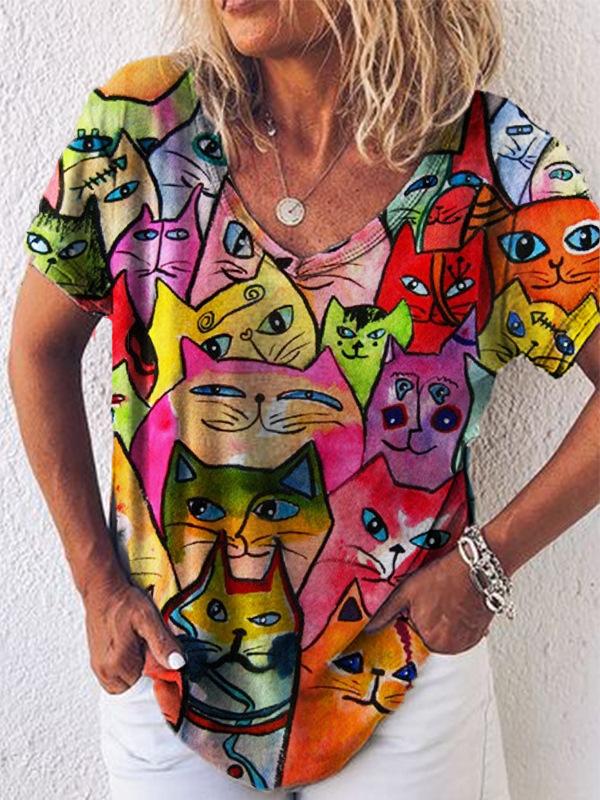 Women's Casual T-shirt Top New V-neck T-shirt Loose Short Sleeved 3D Digital Printed Cat Pattern T-shirt