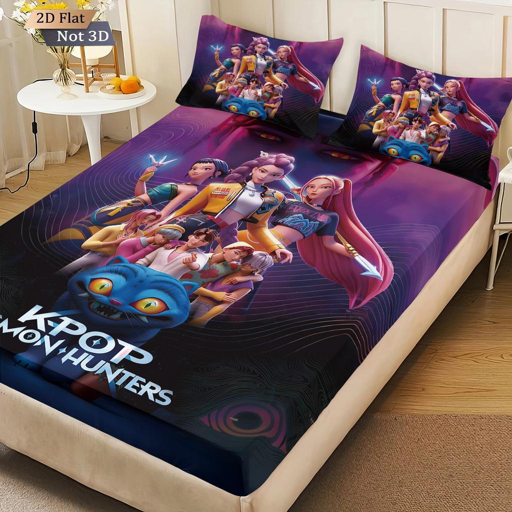 Juego de Sábana Encimera sin Ajuste Estampado Cazadores de Demonios K-Pop 3 Piezas Varios Tamaños Cubrecama Suave Decoración de Ropa de Cama para Dormitorio Lavable a Máquina
