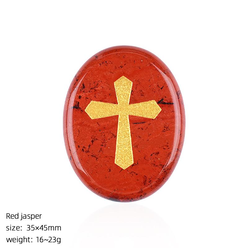 Natural Crystal Cross Crucifix Engraved Palm Worry Stone for Pray Faith Anxiety Relief Oval Palm Stones Polished Gemstone Decor