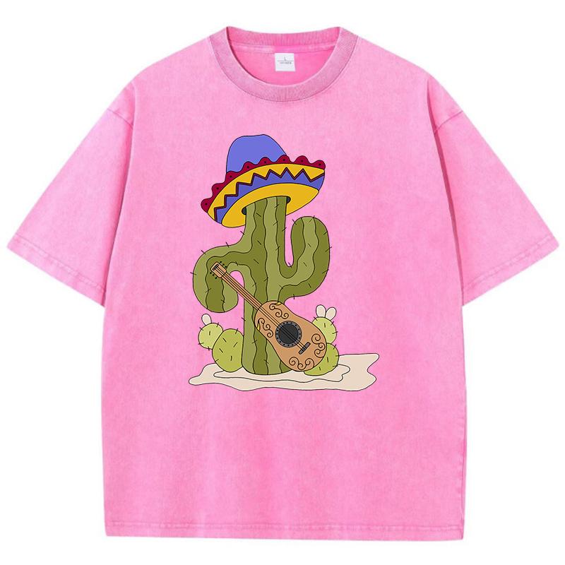 Cartoon Cactus Talking About Guitar Printed Tshirt Homme Versatile Loose Tees Aesthetic Oversized T-Shirt Tops