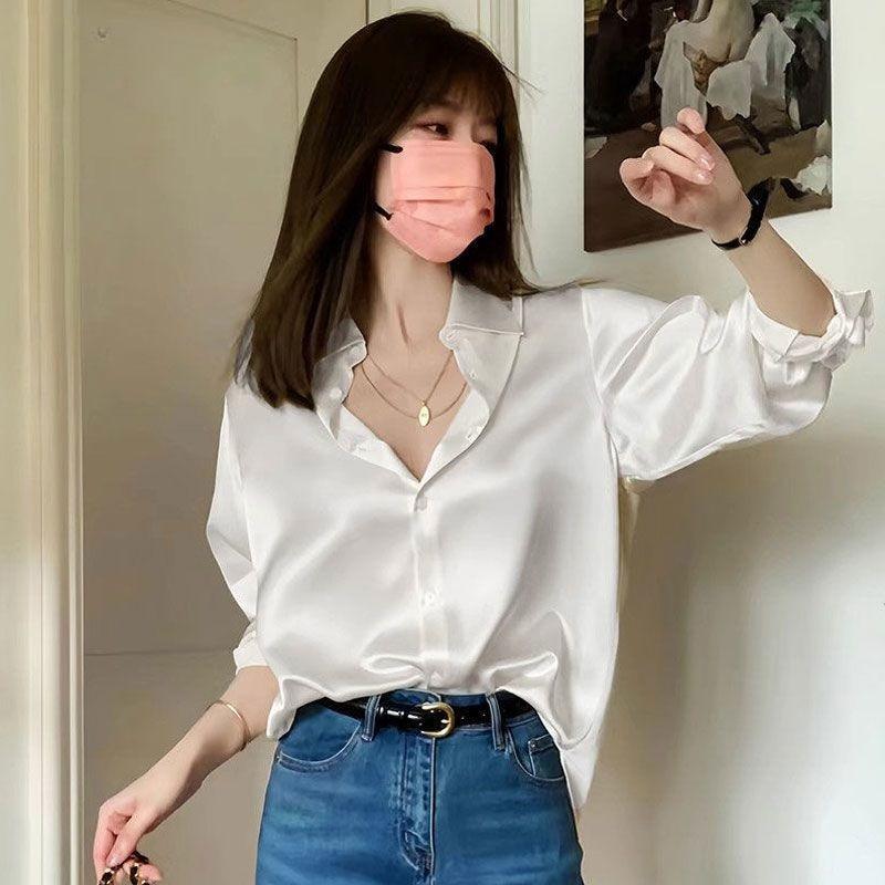 Fashionable White Satin Shirt Women Long Sleeve Spring Autumn Stylish Elegant Blouse Top S белый