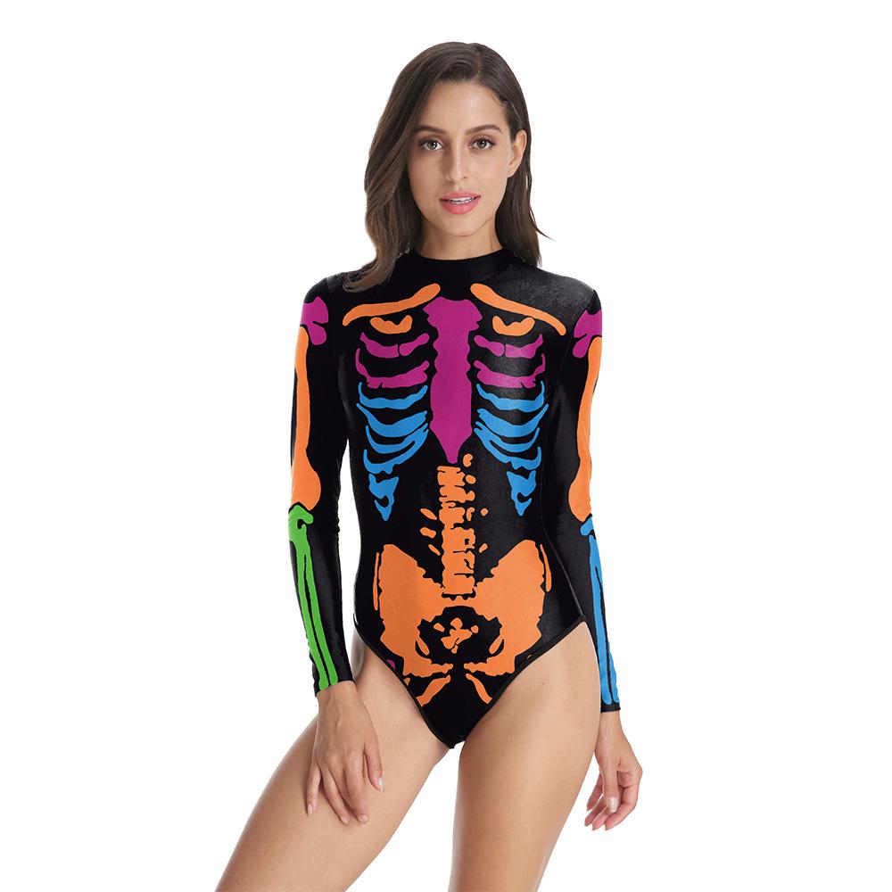 Halloween Carnival Colorful Skeleton Print Women's Skinny Gymnastics Suit Long Sleeve Swimsuit Women