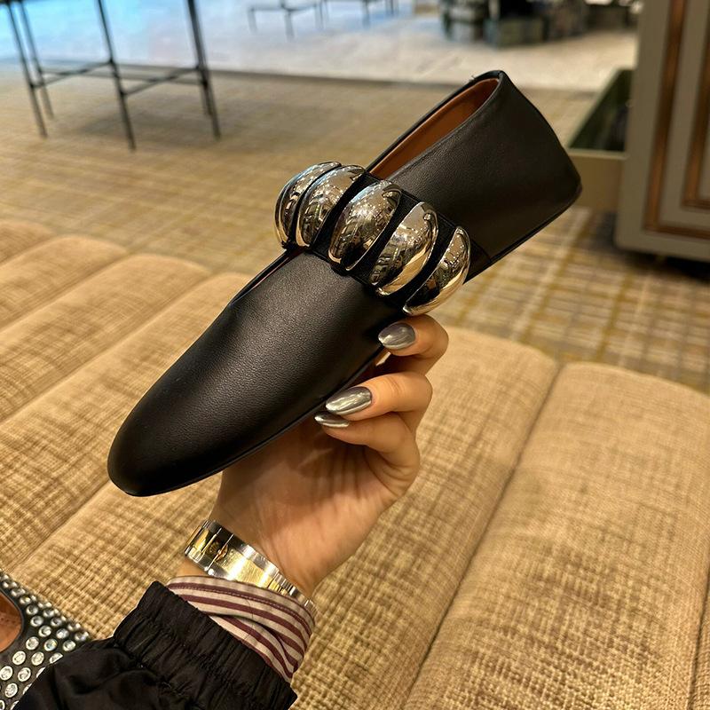 Cowhide shoes Korean version niche leather shoes women's versatile shallow mouth single shoes one word elastic metal buckle flat Mary Jane shoes