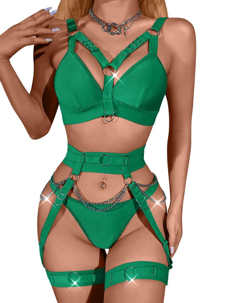 Lilosy Sexy Chain Strappy Garter Belt Women Lingerie Set Rave Outfits