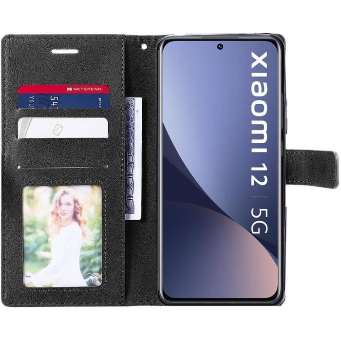 Flip Case Hülle mit 2 gehärteten Gläsern für Xiaomi 12 - 12X - Lederoptik Schwarz-Braun