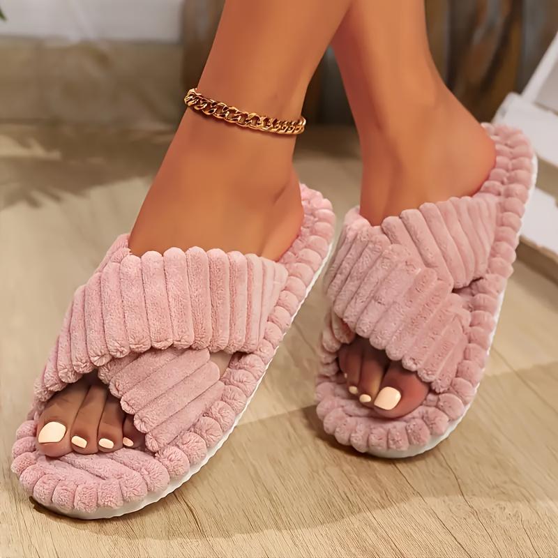 Women's Comfortable Plush Slippers, Soft Warm Winter Indoor Outdoor Thick Sole Open Toe Couple Fluffy Cute House Shoes-Multiple Colors Available