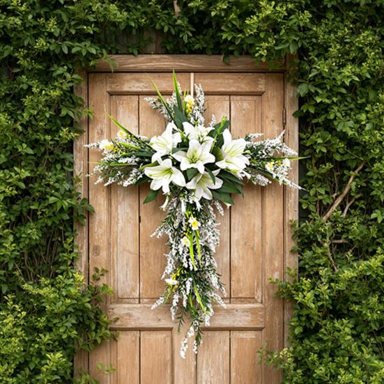 Yousheng Artificial Lily Wreath for Door Wall Faux Floral Hanging Decor for Home Garden Church Rustic Religious Ornament for Spring Easter