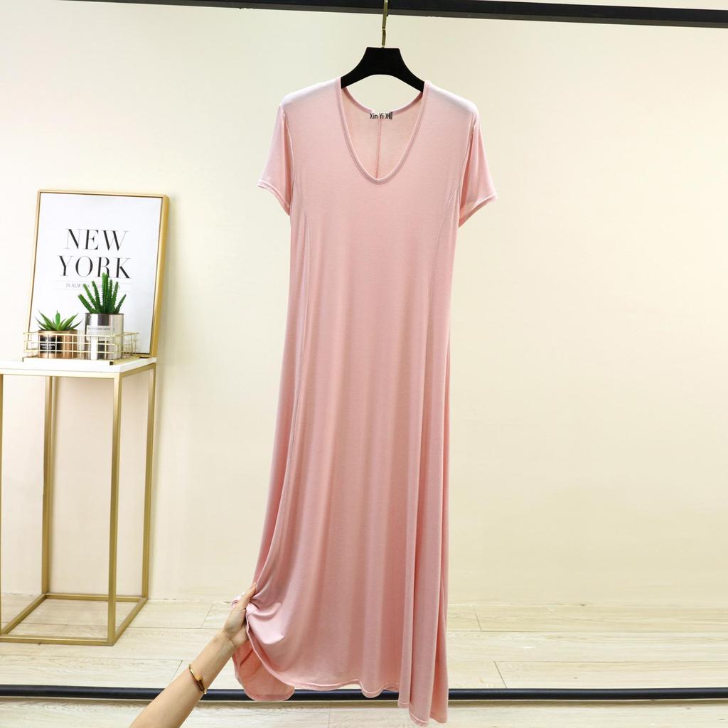 Women's Modal Short-Sleeve Long Summer Dress - Loose, Casual Plus Size Home & Outdoor Wear