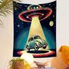 "Retro UFO Abducting Vintage Car" Patterned Tapestry Decorative Wall Hanging, Home Bedroom Living Room Decor