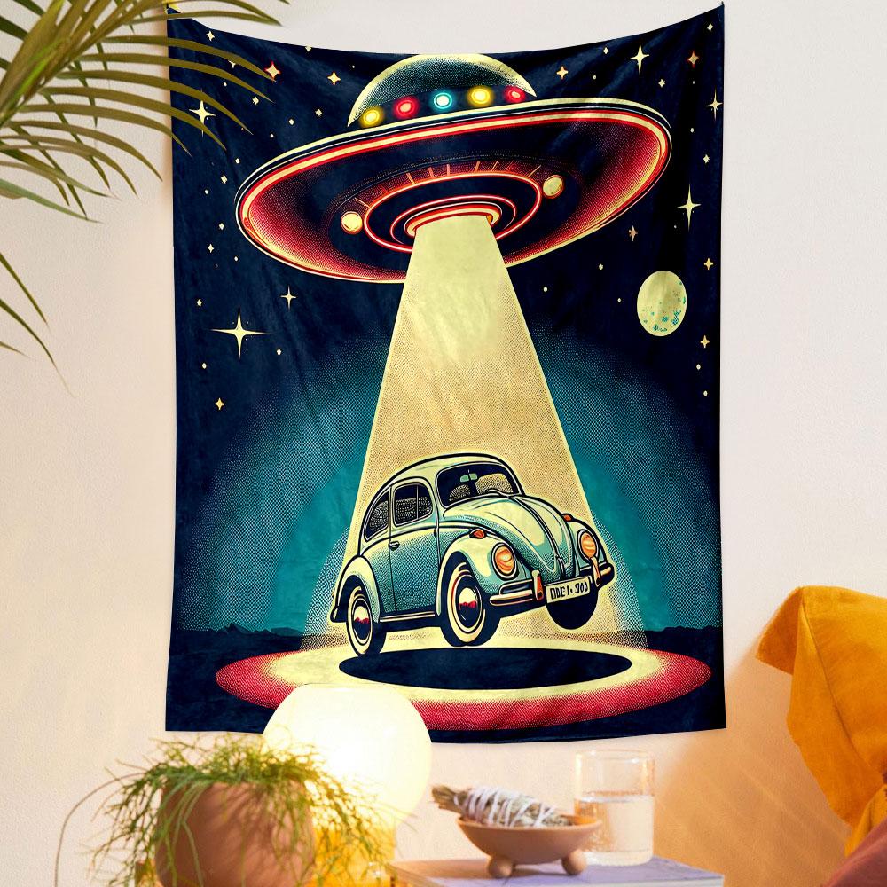 "Retro UFO Abducting Vintage Car" Patterned Tapestry Decorative Wall Hanging, Home Bedroom Living Room Decor