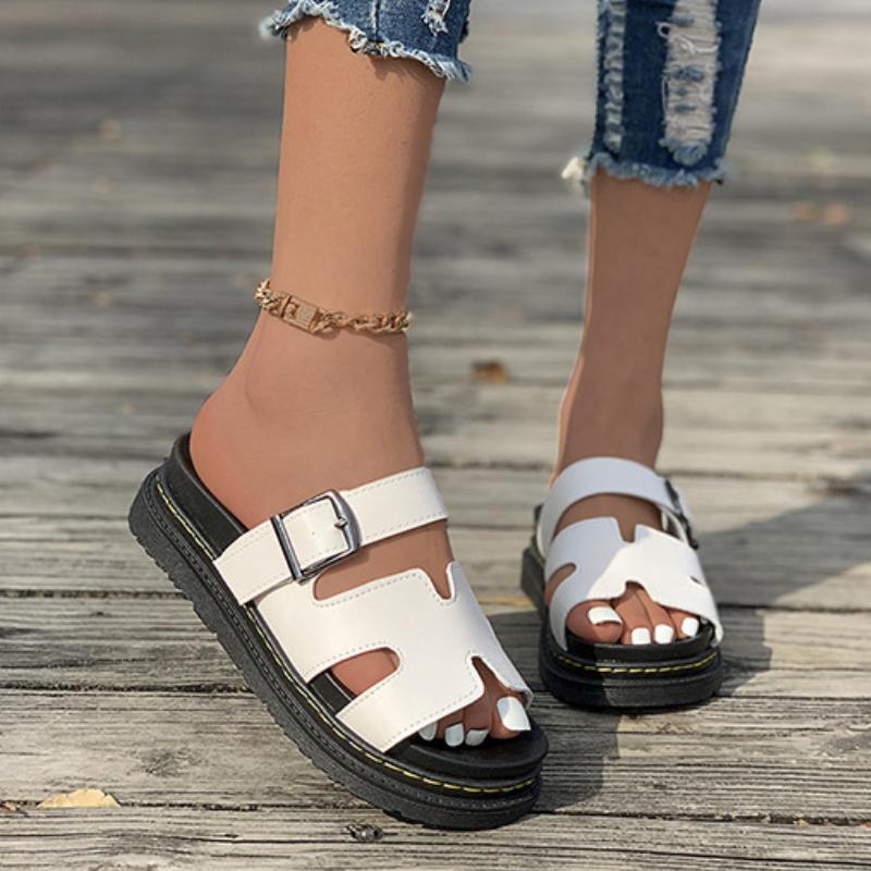 2025 Large Size Women's Versatile Thick Sole Solid Color European and American Casual Cool Slippers Summer Shoes